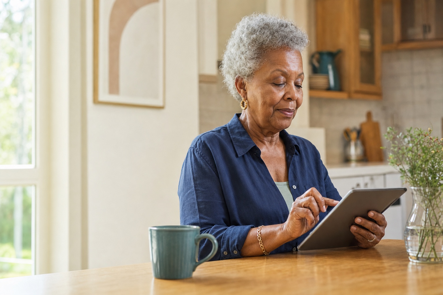 An older woman using a tablet independently at a kitchen table.