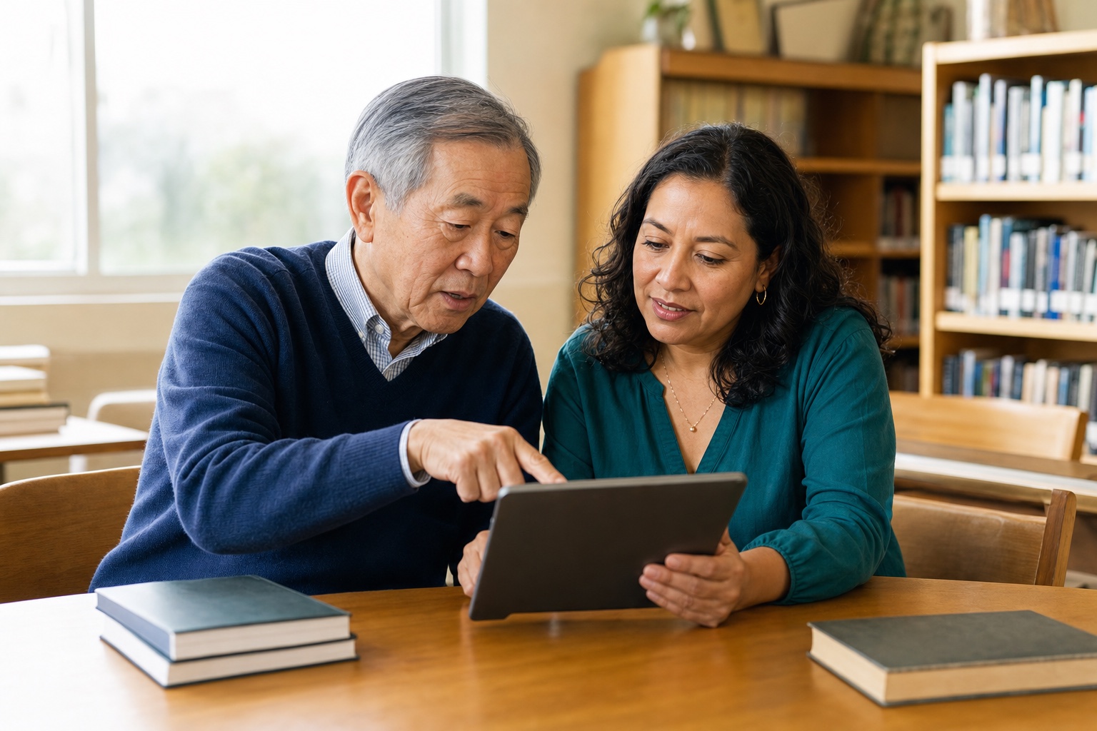 Two adults from different generations reviewing a tablet together at a library table.