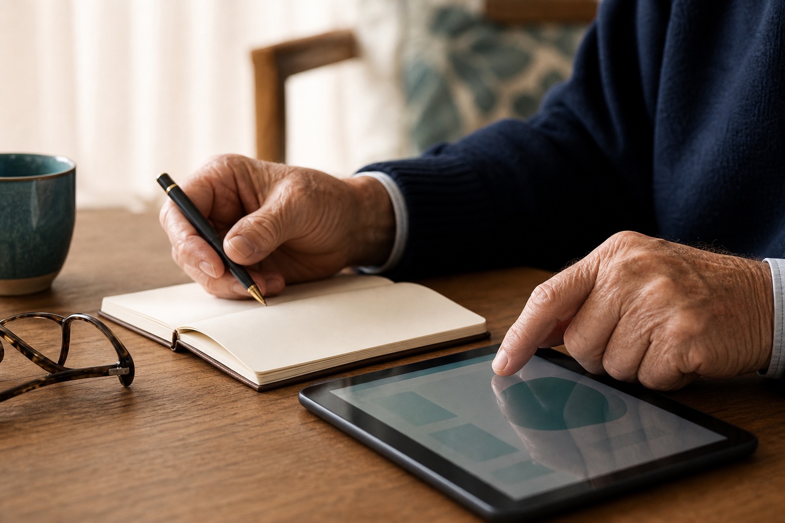 Close view of an older adult using a tablet while taking notes at a wooden table.